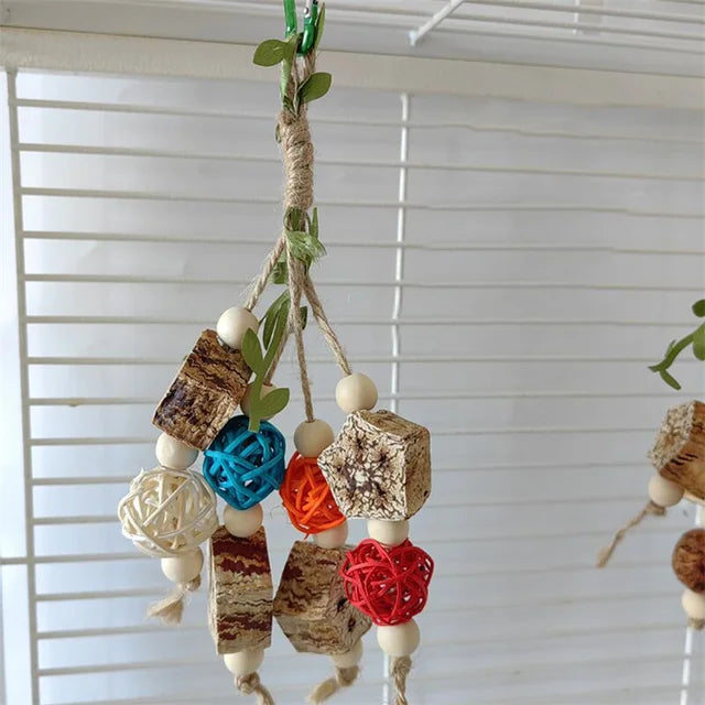 Large Parrot Tearing Toy - Natural Wooden Blocks, Chewing Bird Cage Toy