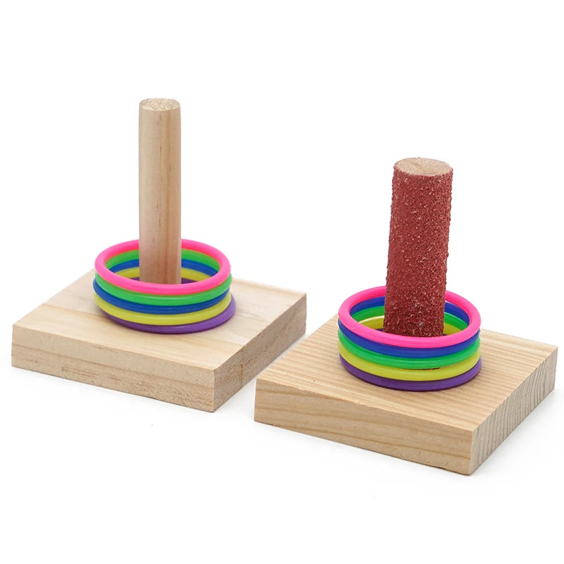 Bird Training Toy Set - Wooden Puzzle & Colorful Plastic Rings, Chew Toy