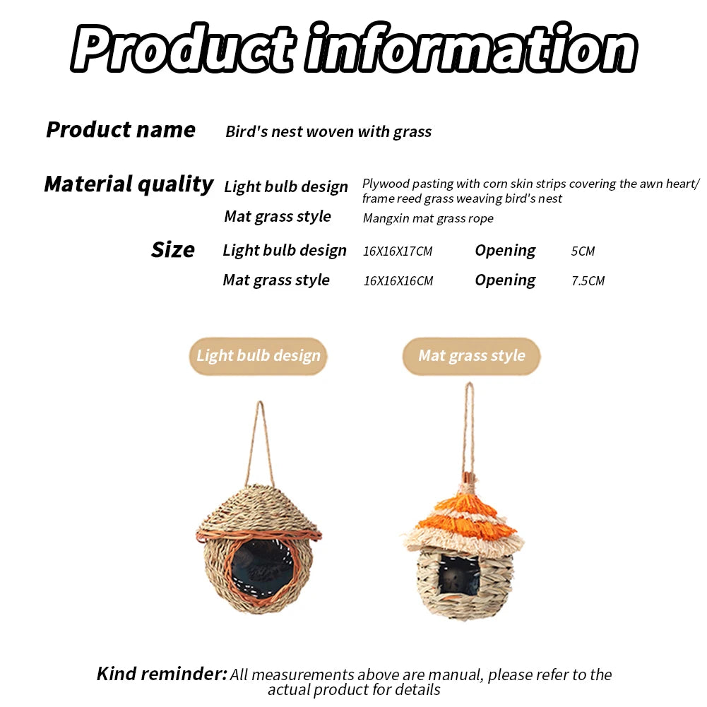Hand-Woven Grass Bird Nest - Small Parrot & Canary Outdoor Hanging Hut