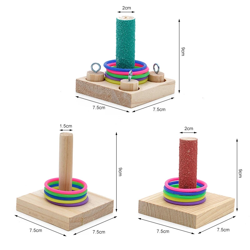 Bird Training Toy Set - Wooden Puzzle & Colorful Plastic Rings, Chew Toy