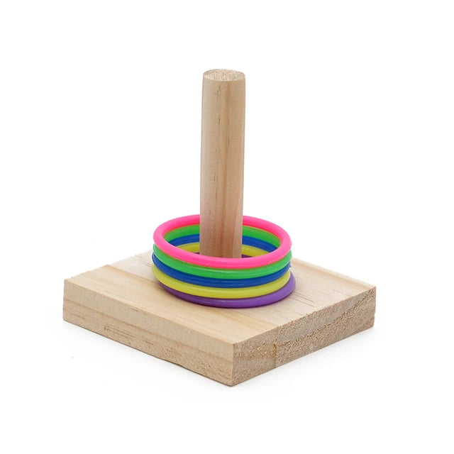 Bird Training Toy Set - Wooden Puzzle & Colorful Plastic Rings, Chew Toy