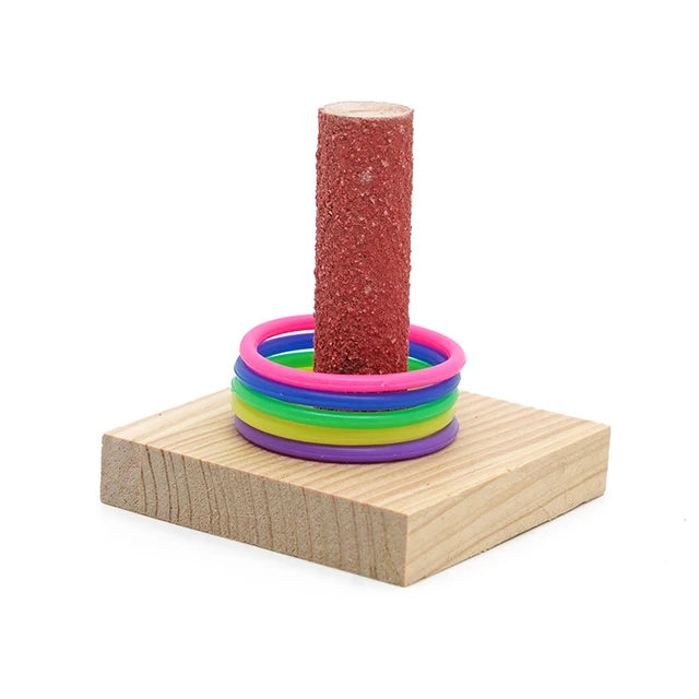 Bird Training Toy Set - Wooden Puzzle & Colorful Plastic Rings, Chew Toy