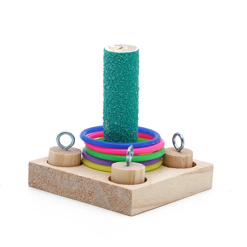 Bird Training Toy Set - Wooden Puzzle & Colorful Plastic Rings, Chew Toy