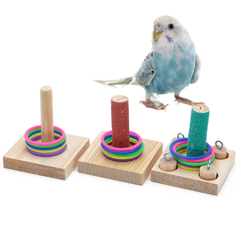 Bird Training Toy Set - Wooden Puzzle & Colorful Plastic Rings, Chew Toy