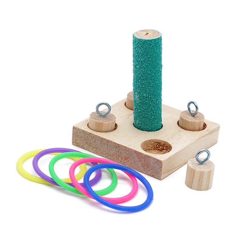 Bird Training Toy Set - Wooden Puzzle & Colorful Plastic Rings, Chew Toy