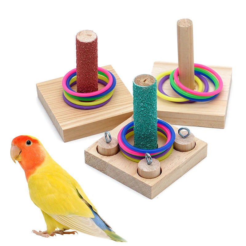 Bird Training Toy Set - Wooden Puzzle & Colorful Plastic Rings, Chew Toy