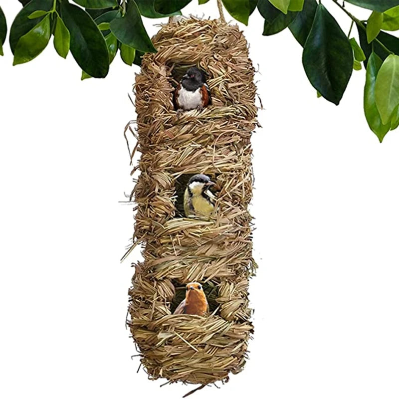 Hand-Woven Grass Bird Nest - 3 Holes, Comfortable Outdoor Aviary